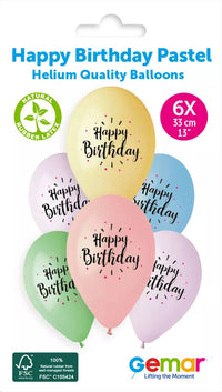 Gemar birthday pastel latex balloons in 13-inch size, printed with colorful designs, set of six for celebration decorations.