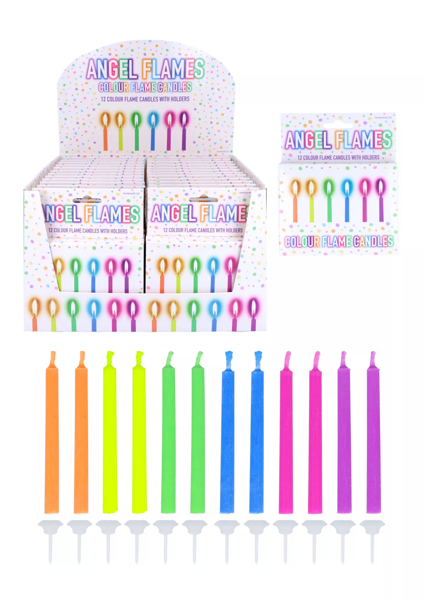 Assorted Henbrandt Angel Flame Party Candles in a 12-pack, colorful and shaped like angel flames for celebration decorations.