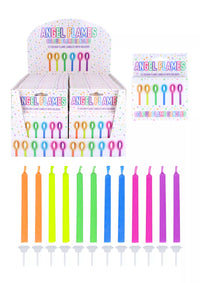 Assorted Henbrandt Angel Flame Party Candles in a 12-pack, colorful and shaped like angel flames for celebration decorations.