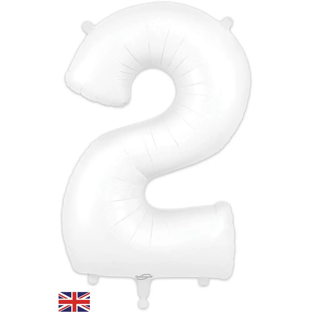 White Oaktree foil balloon shaped as the number 2, measuring 34 inches, with a shiny metallic finish.