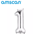 Silver 16-inch Anagram foil balloon in the shape of the number 1, shiny and reflective for celebrations and events.
