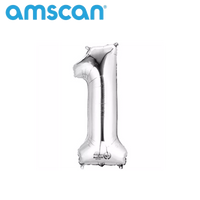 Silver 16-inch Anagram foil balloon in the shape of the number 1, shiny and reflective for celebrations and events.