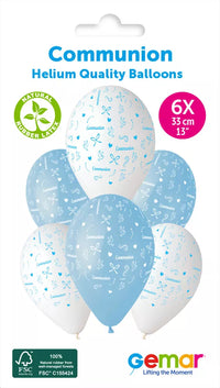 Six 13-inch Gemar latex printed balloons featuring a communion boy design, perfect for religious celebration decorations.