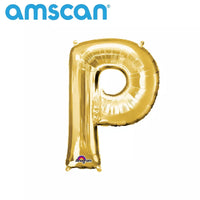 Gold 16-inch Anagram foil balloon shaped as the letter P, shiny and reflective with a smooth surface for celebrations.