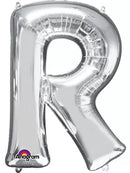 Silver 34-inch Anagram foil balloon in the shape of the letter R, shiny metallic surface, designed for celebrations and parties.