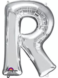 Silver 34-inch Anagram foil balloon in the shape of the letter R, shiny metallic surface, designed for celebrations and parties.