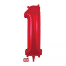 Red Oaktree foil balloon in the shape of number 1, 34 inches tall, with shiny metallic finish and festive design.