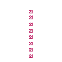 Pink 5ft hanging decor banner with "Age 21" and glitter accents for celebration party decorations by Unique.