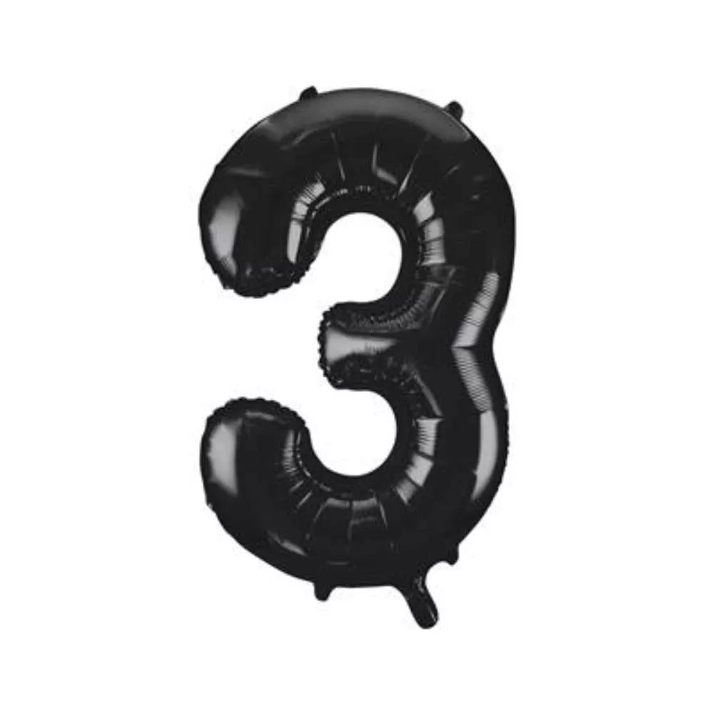 Black 34-inch number 3 foil balloon by Unique, shiny metallic surface, perfect for celebrations and party decorations.