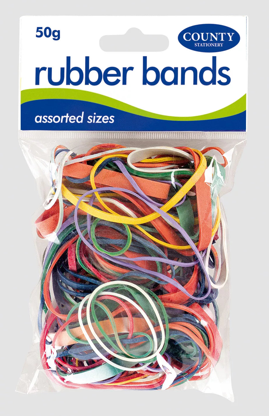 Colorful rubber bands in a 50g pack from County Stationery, displayed with assorted rubber bands for office or craft use.