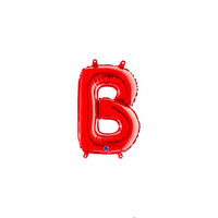 Red 14-inch Grabo foil balloon shaped like the letter B, with shiny metallic surface and colorful accents.