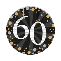 Six small Tiger Feet birthday badges with the number 60, featuring colorful designs and age-specific celebration icons.
