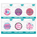 Six small Birthday Open badges by Tiger Feet featuring colorful designs, ideal for decorating or gift embellishments.
