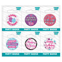 Six small Birthday Open badges by Tiger Feet featuring colorful designs, ideal for decorating or gift embellishments.