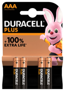 Duracell AAA batteries four-pack showing silver and copper-colored batteries with Duracell logo on the packaging.