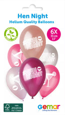 Gemar Hen Night 13-inch printed latex balloons, 6-pack, with colorful hen night themed designs on each balloon.