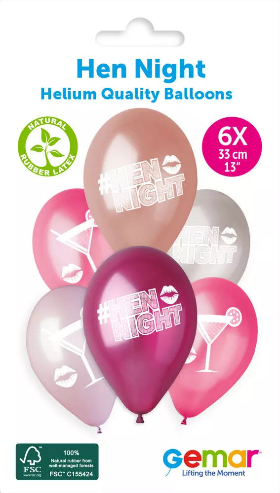 Gemar Hen Night 13-inch printed latex balloons, 6-pack, with colorful hen night themed designs on each balloon.