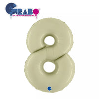 Olive green Grabo foil balloon shaped as the number 8, 40 inches tall, suitable for celebrations and decorative events.