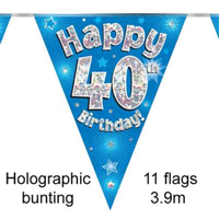Bunting 11 Flags Blue Holographic Birthday Age 40