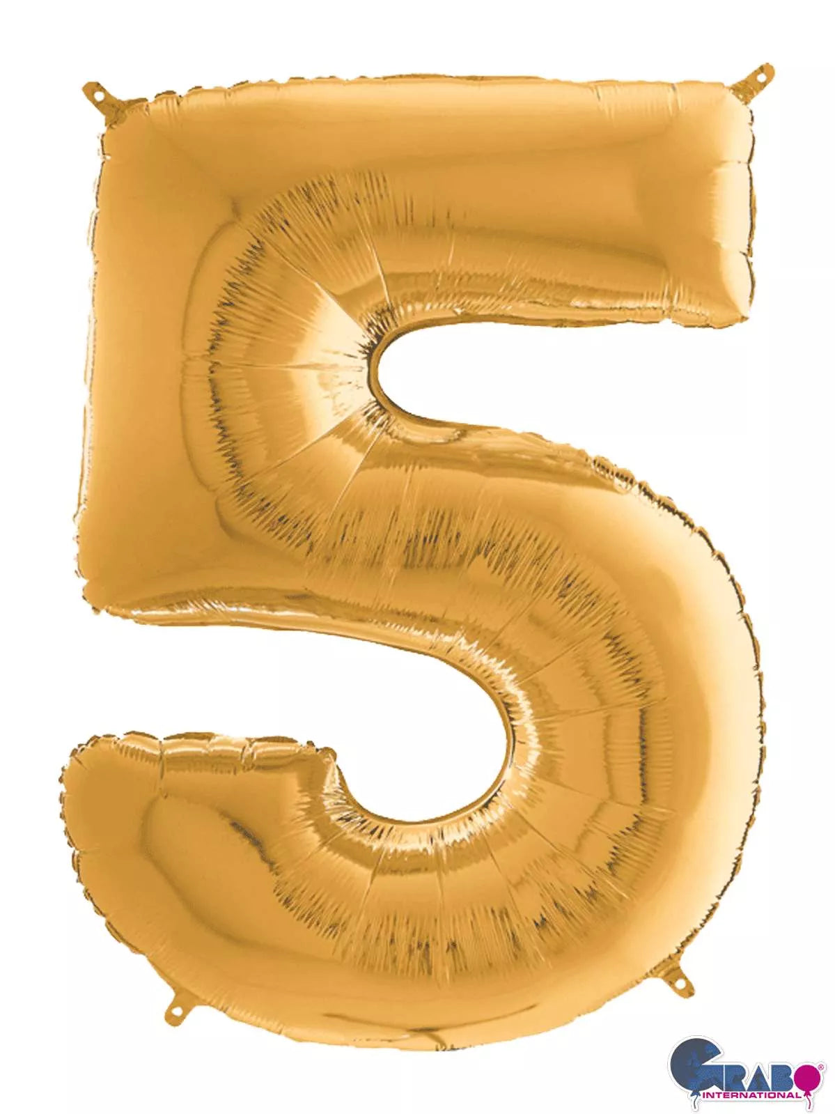 Gold Grabo foil balloon shaped as the number 5, measuring 26 inches, perfect for celebrations and party decorations.