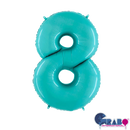 Pastel blue Grabo foil balloon shaped as the number 8, 26 inches tall, with shiny metallic surface and printed patterns.