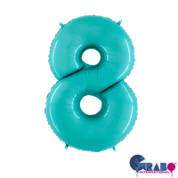 Pastel blue Grabo foil balloon shaped as the number 8, 26 inches tall, with shiny metallic surface and printed patterns.