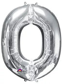 Silver 34-inch Anagram foil balloon shaped as letter O, shiny and inflated for celebrations or decorations.