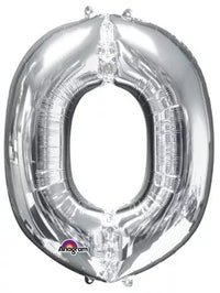 Silver 34-inch Anagram foil balloon shaped as letter O, shiny and inflated for celebrations or decorations.