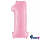 Pink foil balloon shaped as the number 1, 40 inches tall, by Grabo, with a shiny pastel pink finish.