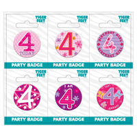 Six small Tiger Feet birthday badges featuring age 4, perfect for celebrating with fun, colorful party accessories.