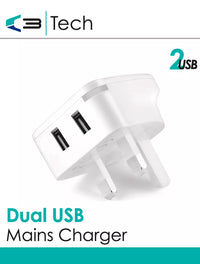 Vibe Centre mains charger with dual USB ports for convenient electronic device charging, shown with cables connected.