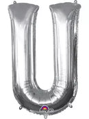 Silver Anagram foil balloon in the shape of the letter U, 34 inches tall, perfect for celebrations and decorations.