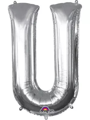 Silver Anagram foil balloon in the shape of the letter U, 34 inches tall, perfect for celebrations and decorations.