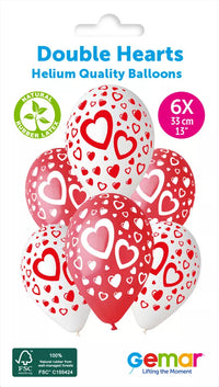 Gemar Double Hearts 13-inch latex printed balloons, 6-pack with pink and red heart designs for celebrations.