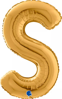 Gold foil balloon in the shape of the letter S, 26 inches tall, by Grabo, shiny and suitable for celebrations.