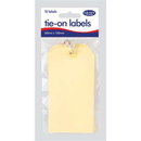 Manilla tie-on labels from County Stationery, 6 x 11cm, showing adhesive backing and writable surface for organizing.
