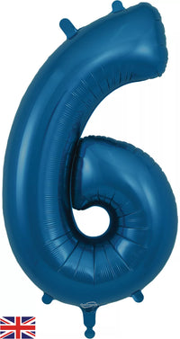 Oaktree navy blue foil balloon shaped as the number 6, 34 inches tall, with shiny metallic surface and festive design.