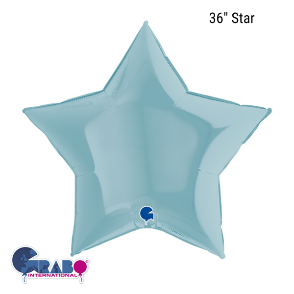 Pastel blue star-shaped foil balloon by Grabo, 36 inches, inflated and floating, perfect for celebrations and decorations.