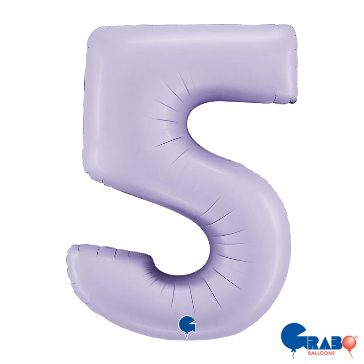 Grabo satin lilac foil balloon in the shape of the number 5, 40 inches tall, with a shiny, smooth surface for celebrations.
