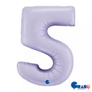 Grabo satin lilac foil balloon in the shape of the number 5, 40 inches tall, with a shiny, smooth surface for celebrations.