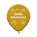 Eight latex printed balloons celebrating a 50th anniversary, featuring gold and silver designs for special occasion decor.