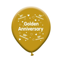 Eight latex printed balloons celebrating a 50th anniversary, featuring gold and silver designs for special occasion decor.