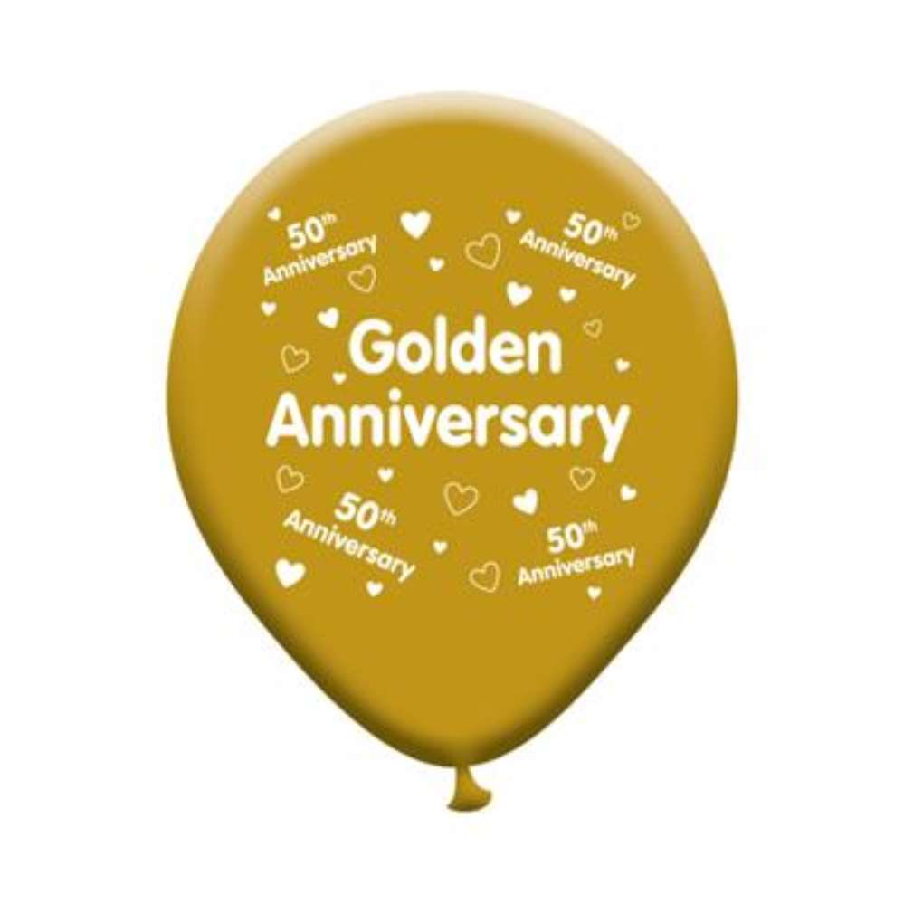 Eight latex printed balloons celebrating a 50th anniversary, featuring gold and silver designs for special occasion decor.