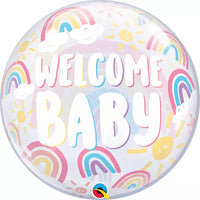 Qualatex 22-inch Welcome Baby Bubble Balloon with boho rainbows, colorful and festive for baby showers or celebrations.