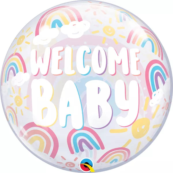 Qualatex 22-inch Welcome Baby Bubble Balloon with boho rainbows, colorful and festive for baby showers or celebrations.