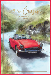 Set of six Simon Elvin C50 birthday cousin greeting cards with colorful designs and cheerful messages.