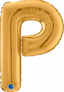 Gold Grabo foil balloon shaped as the letter P, 26 inches tall, shiny metallic finish, floating against a neutral background.