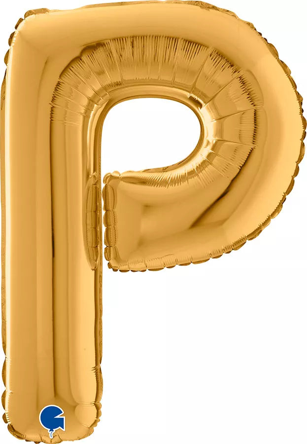 Gold Grabo foil balloon shaped as the letter P, 26 inches tall, shiny metallic finish, floating against a neutral background.
