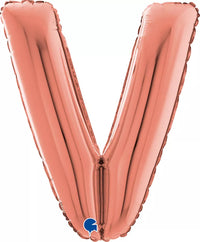 Grabo 26-inch rose gold letter V foil balloon, shiny metallic finish, used for celebrations and decorative events.