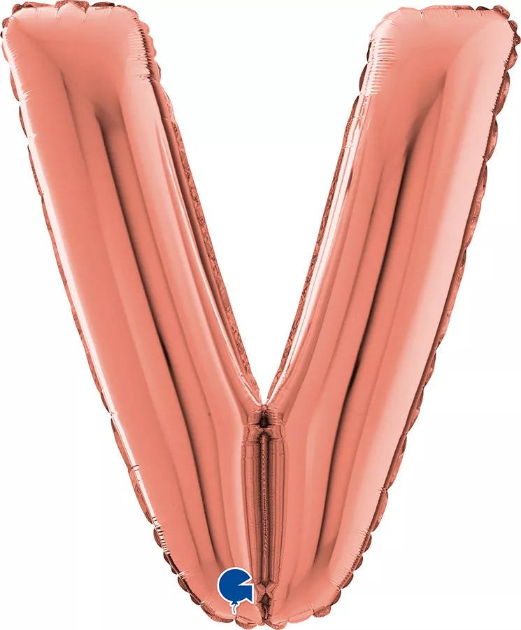 Grabo 26-inch rose gold letter V foil balloon, shiny metallic finish, used for celebrations and decorative events.